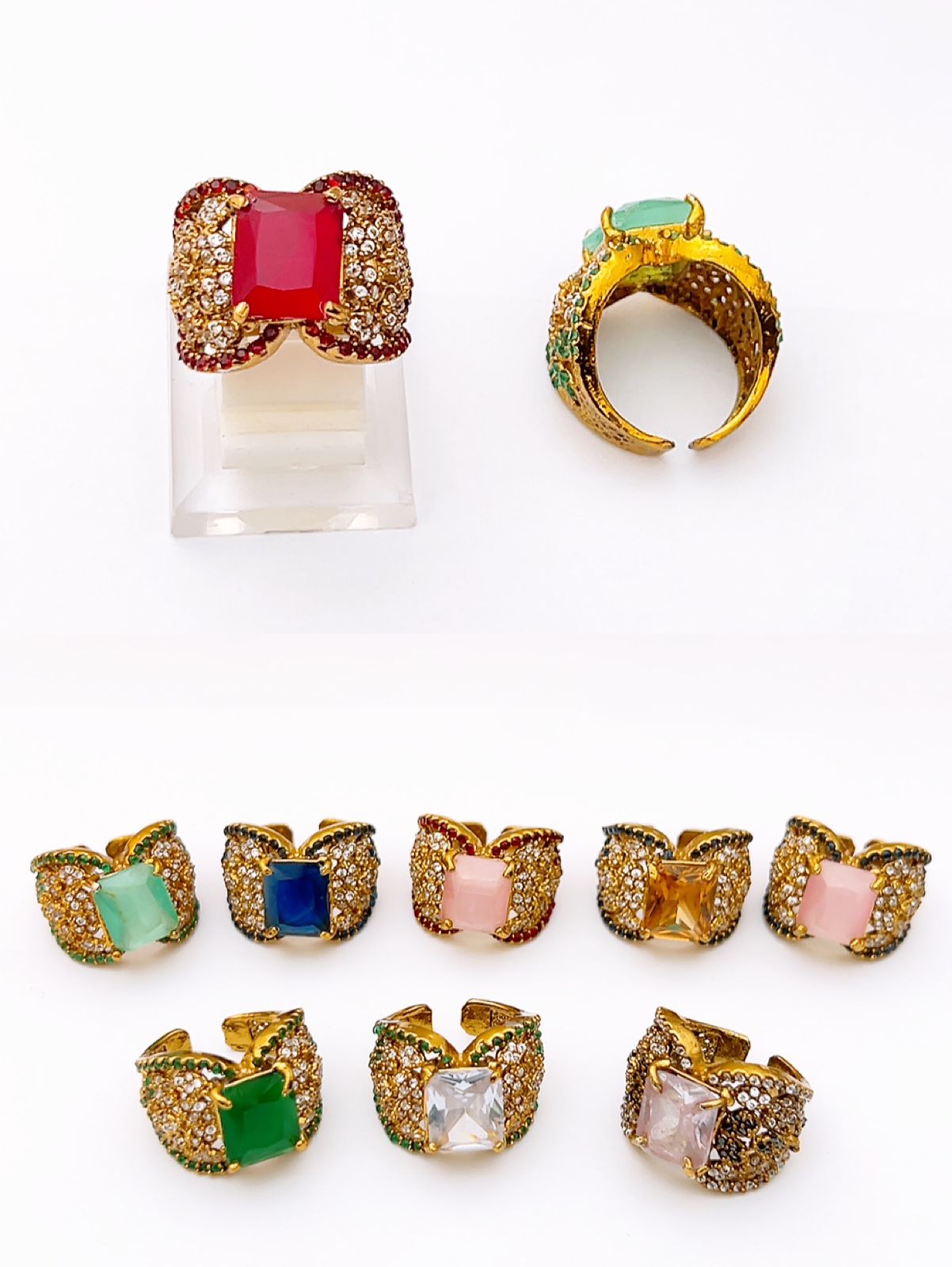 Jharoka Style Golden Statement Ring with Zircon & Gemstone Accents - Adjustable Size